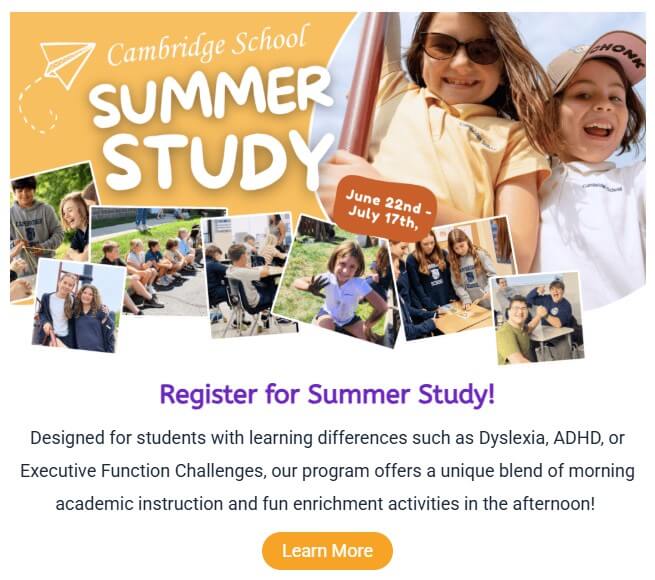 Cambridge School Summer Study flyer with smiling kids and photo collage, promoting June 22–July 17 and a Learn More button.